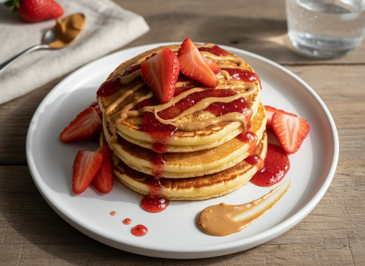 Tortitas con fresas y mermelada/crema de cacahuete photo