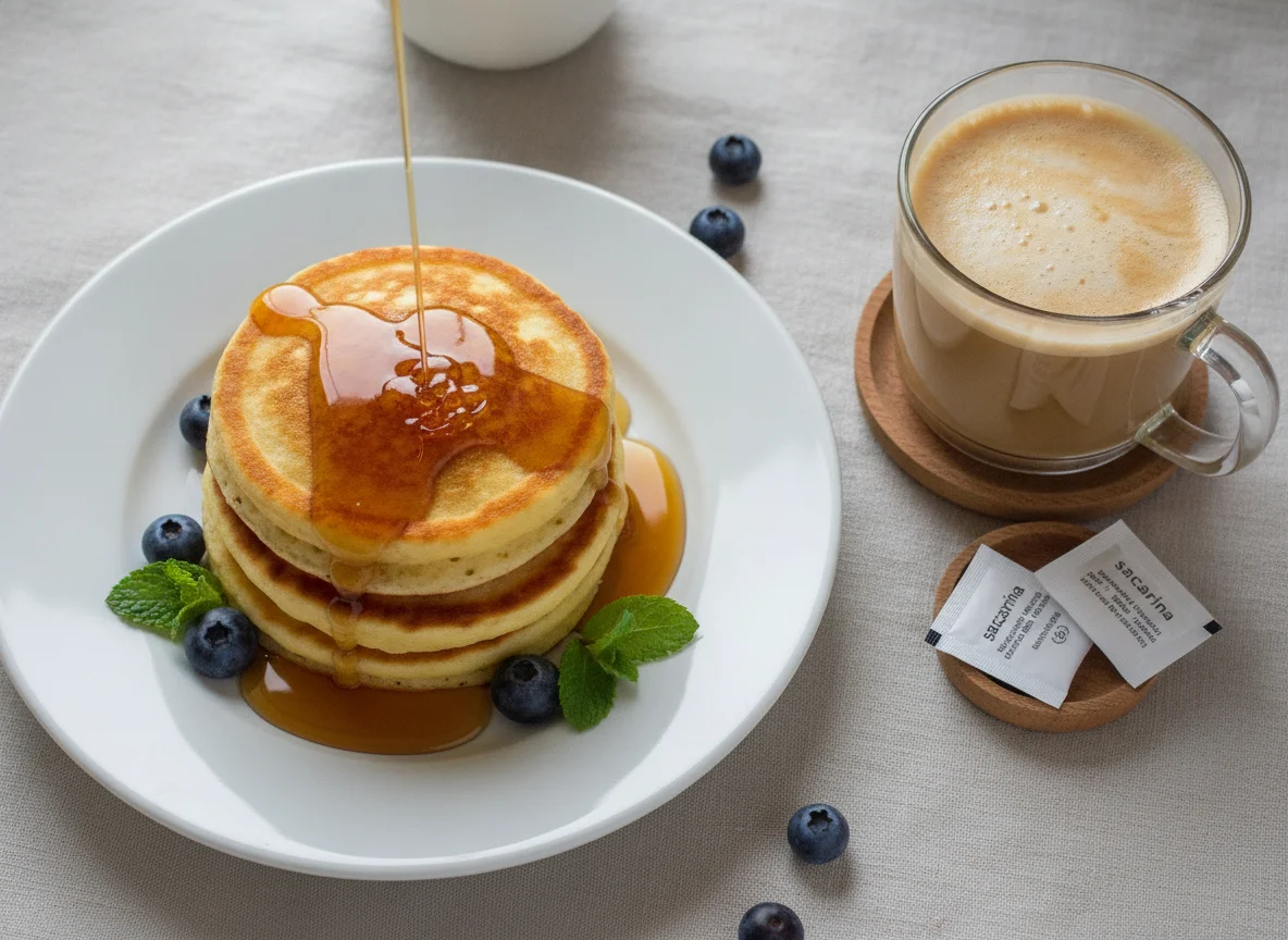 Tortitas con sirope de arce y café manchado photo