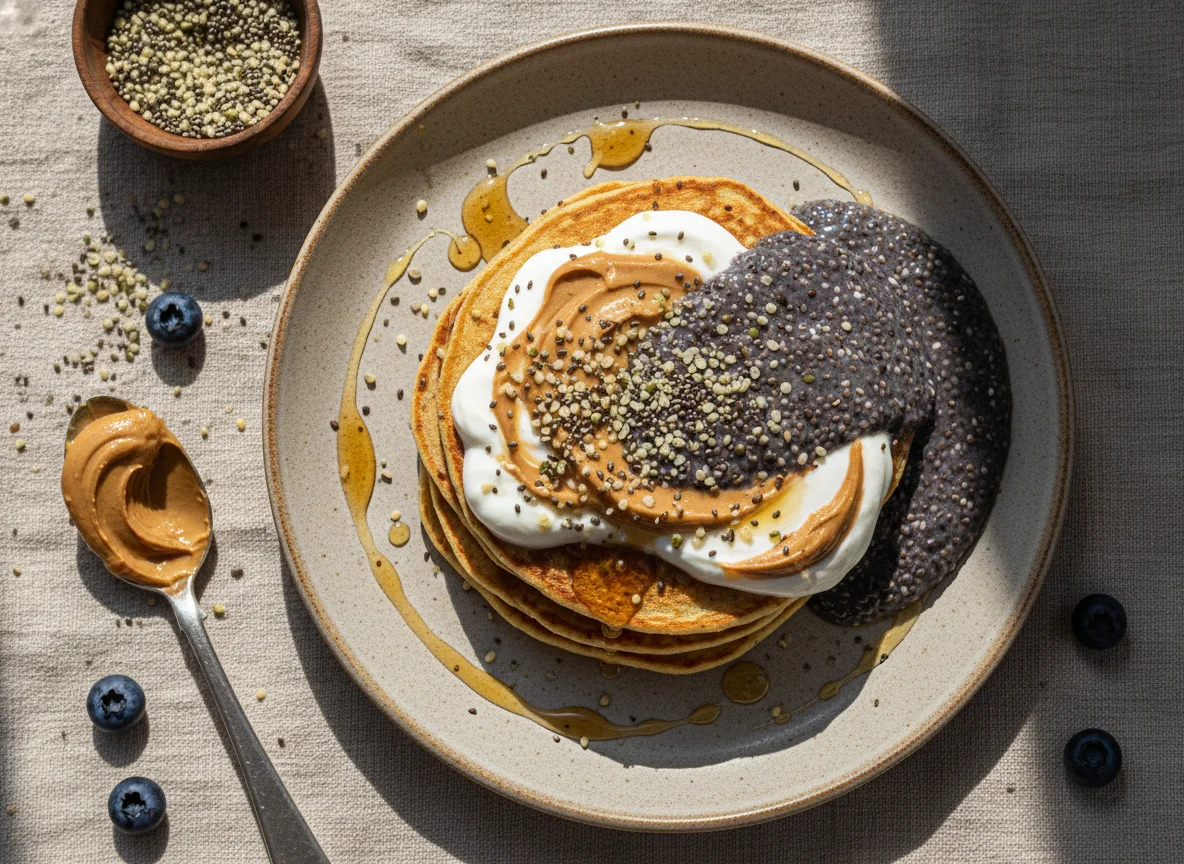 Tortitas con yogur, chía, mantequilla de cacahuete y semillas de cáñamo photo
