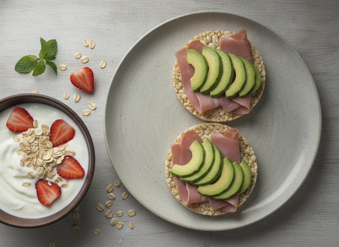Tortitas de arroz con aguacate y jamón con bol de yogur y avena photo