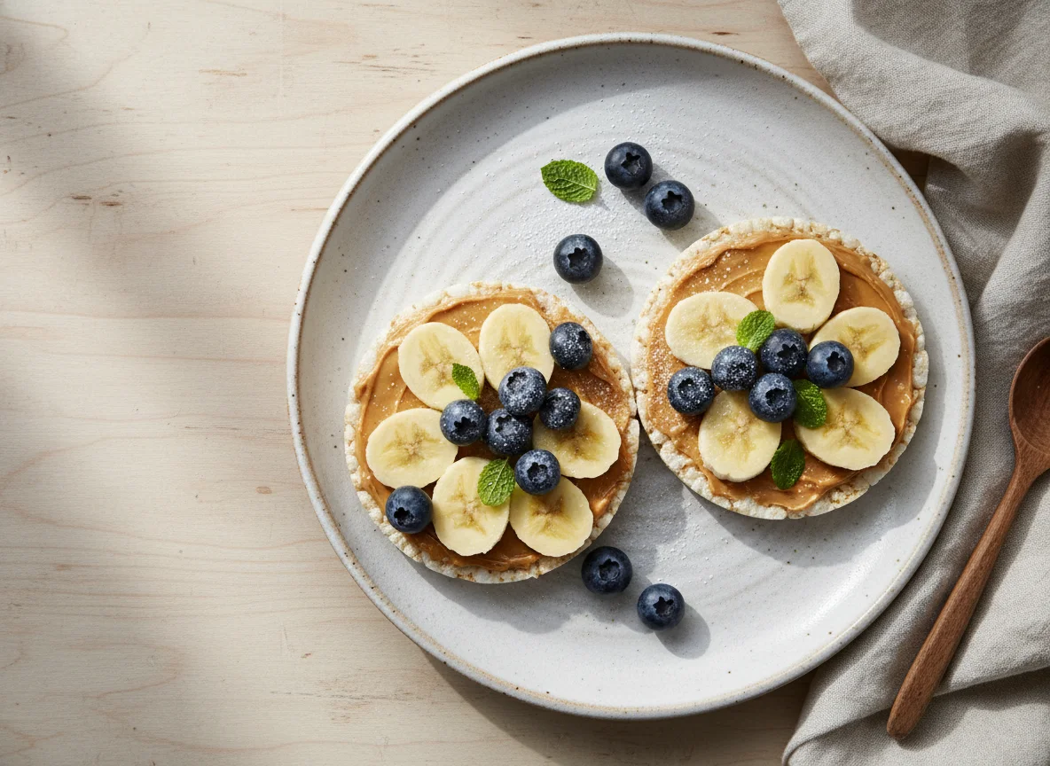Tortitas de arroz con crema de cacahuete, plátano y arándanos photo
