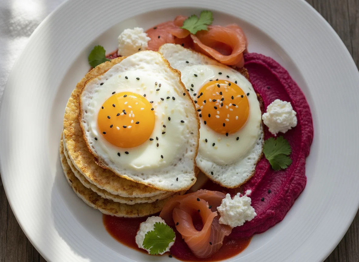 Tortitas de arroz con huevo, salmón y hummus de remolacha photo