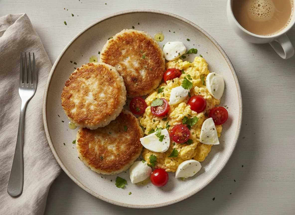 Tortitas de arroz con huevo, tomate y mozzarella photo