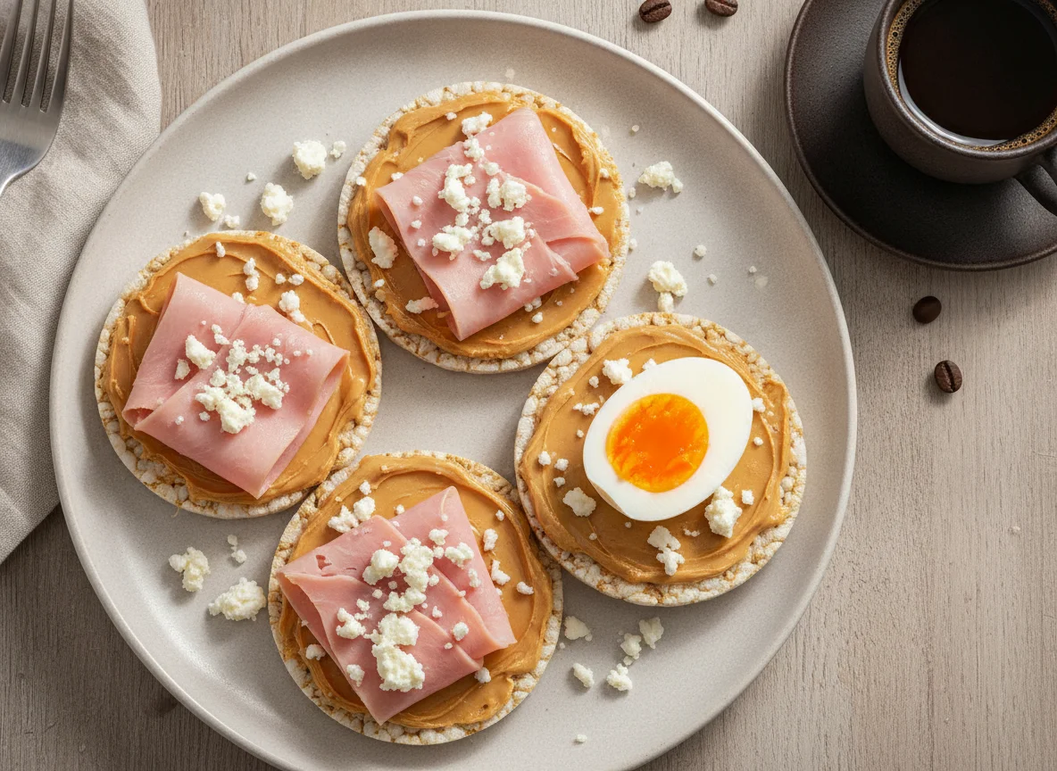 Tortitas de arroz con jamón cocido, crema de cacahuete y huevo cocido photo