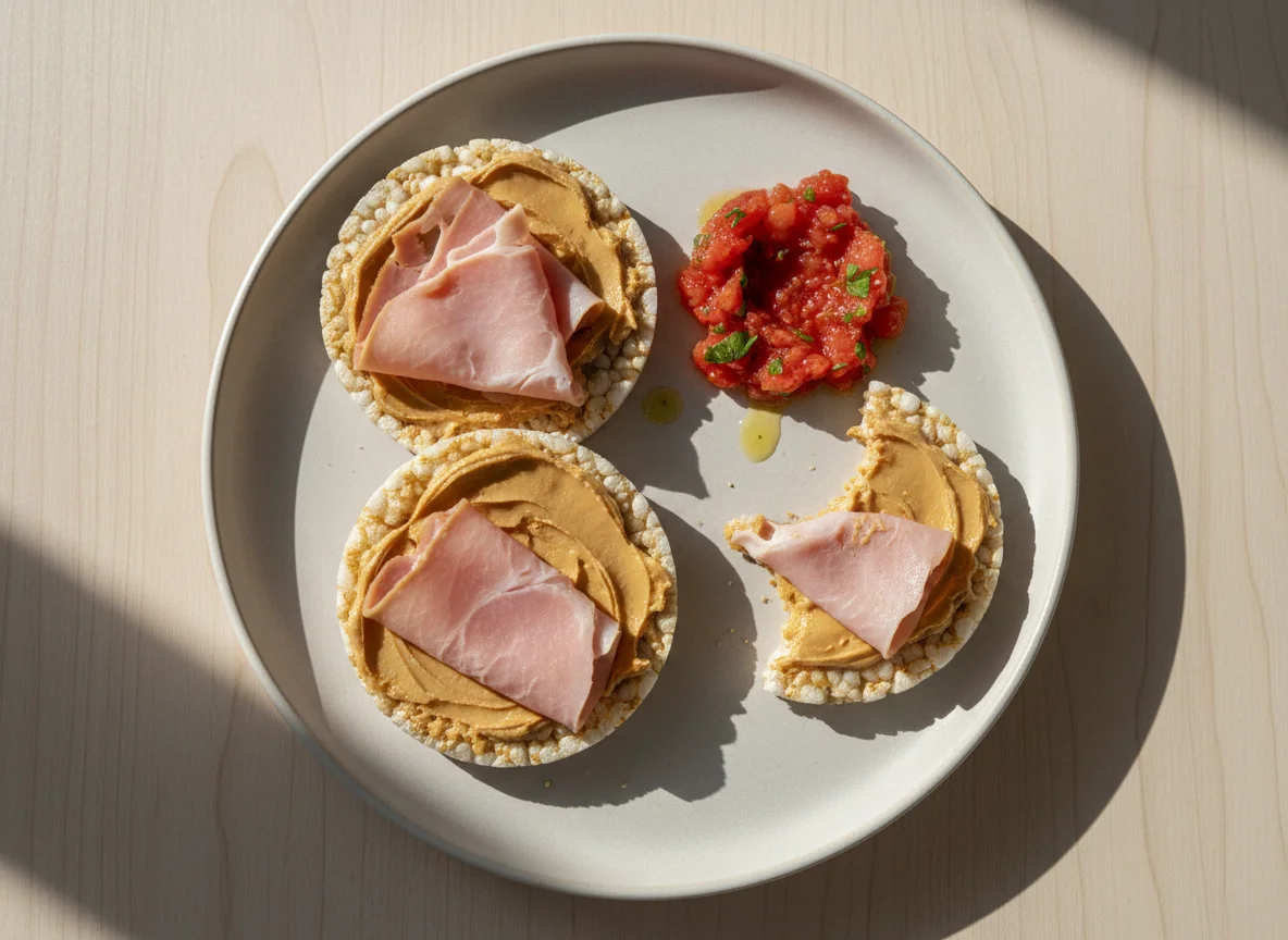 Tortitas de arroz con jamón y crema de cacahuete photo