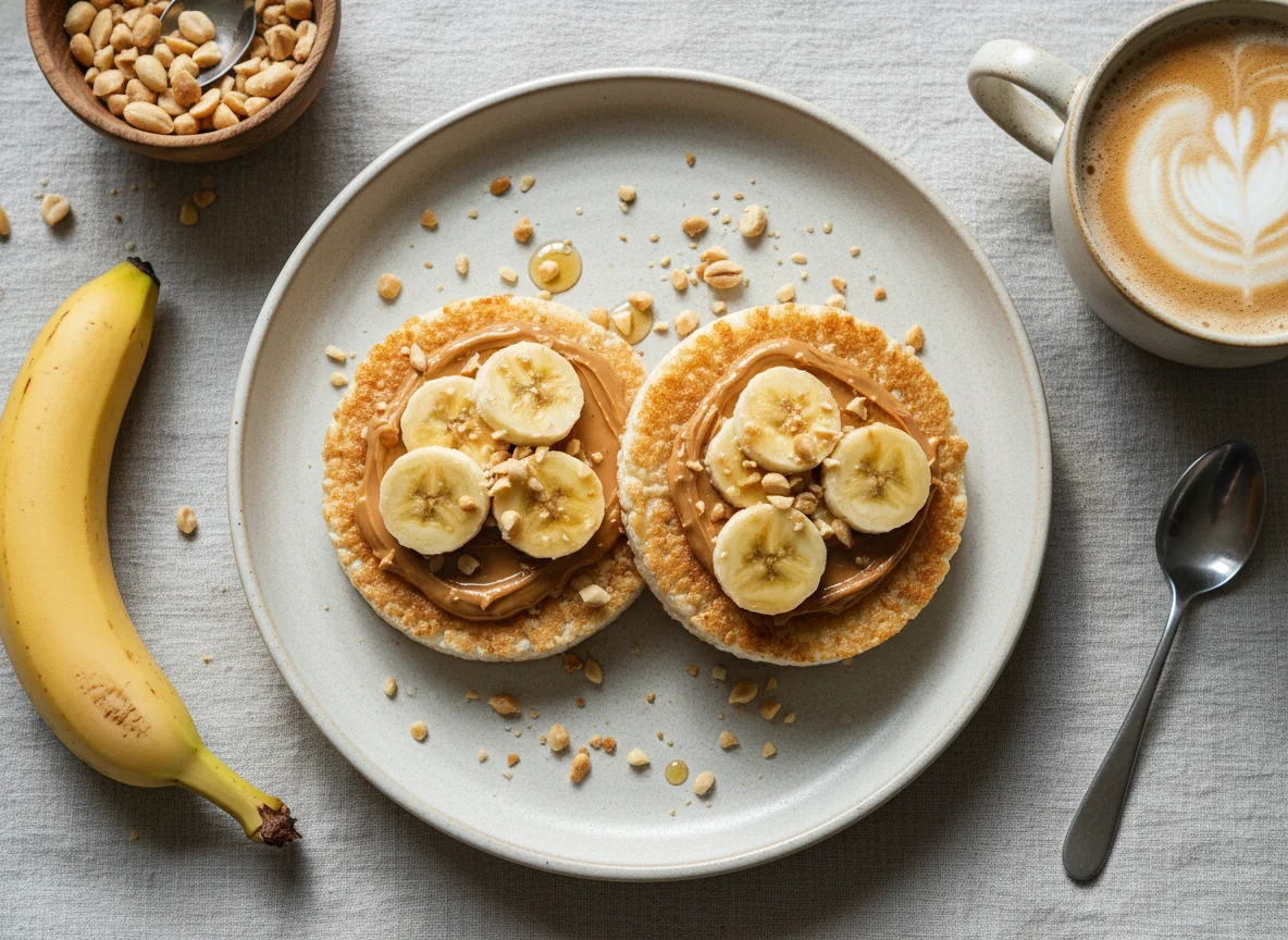 Tortitas de arroz con mantequilla de maní y banana, y café con leche photo