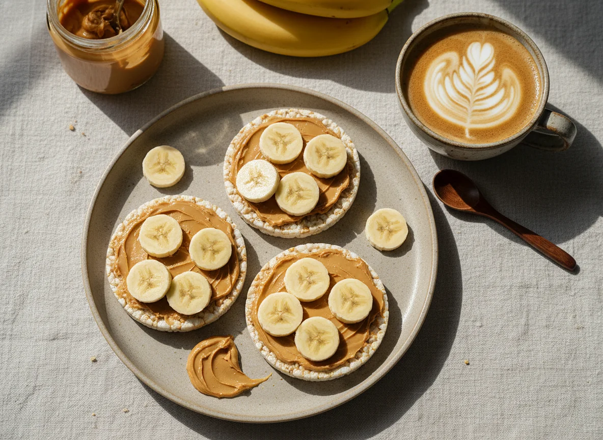 Tortitas de arroz con mantequilla de maní y plátano, y café con leche photo