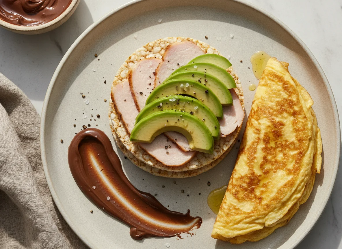 Tortitas de arroz con pavo, aguacate y crema de cacao con tortilla francesa photo