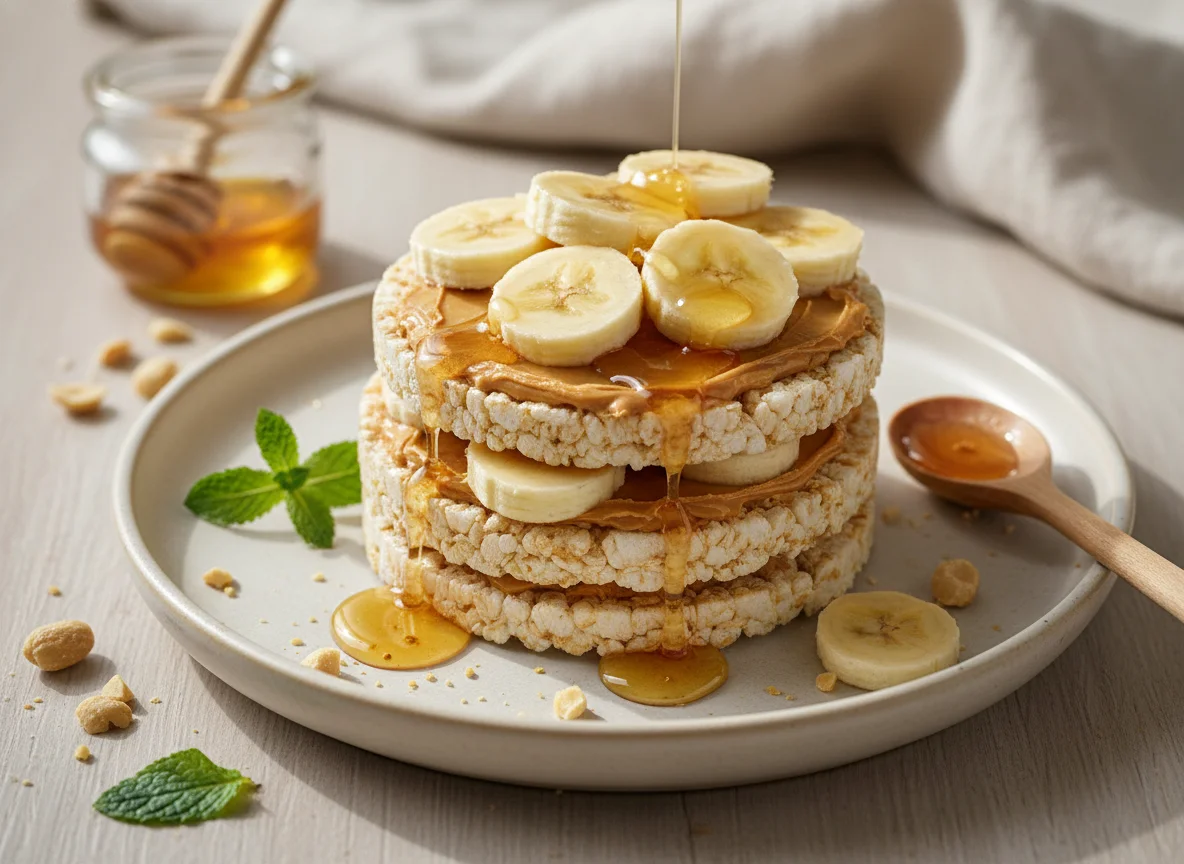 Tortitas de arroz con plátano, mantequilla de maní y miel photo