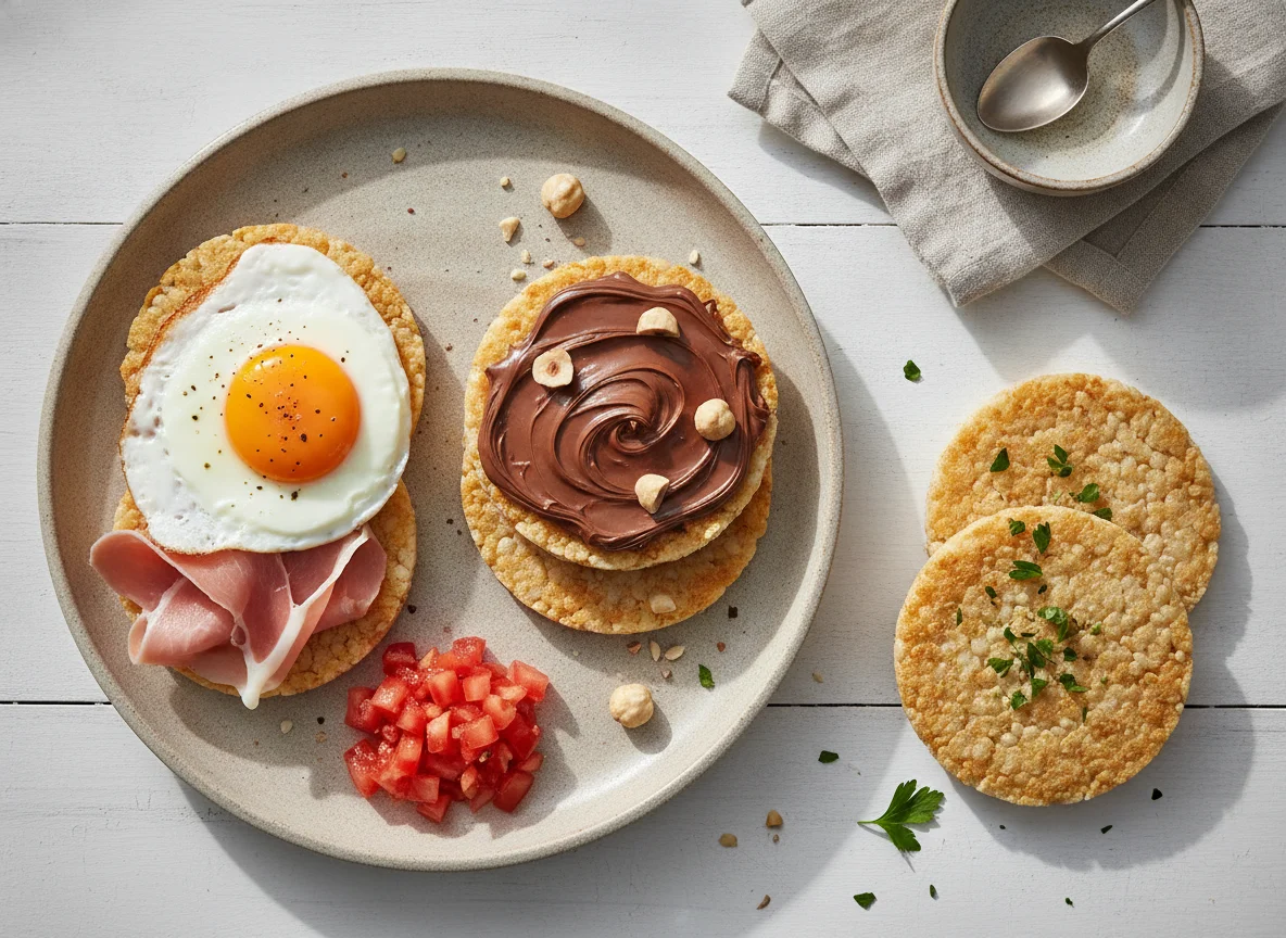 Tortitas de arroz variadas con huevo y jamón photo