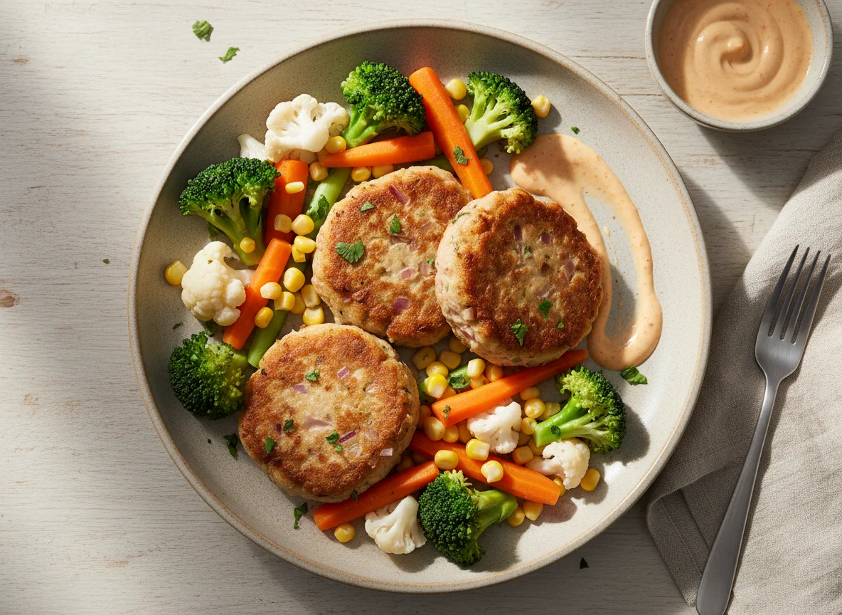 Tortitas de atún con vegetales y aderezo photo