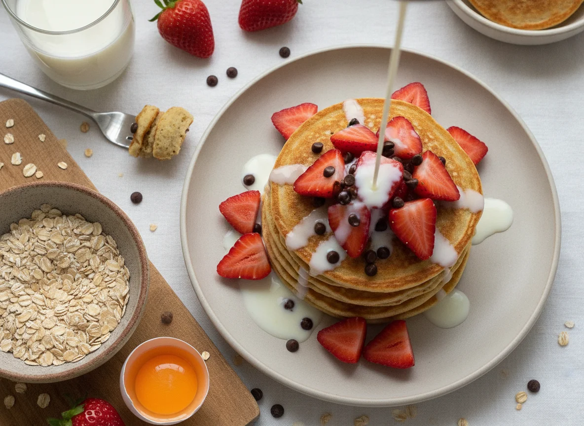 Tortitas de avena con fresas y chocolate photo