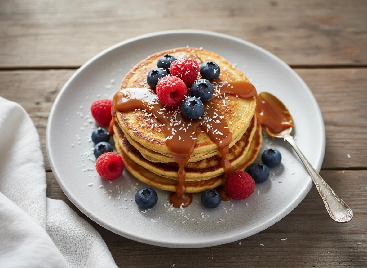 Tortitas de avena con frutos rojos y dulce de leche photo