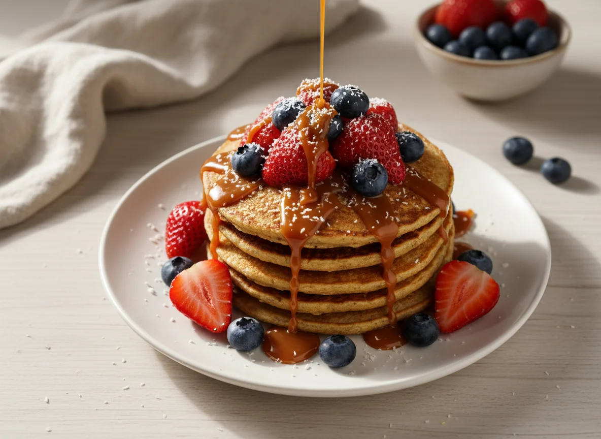 Tortitas de avena con frutos rojos y sirope photo