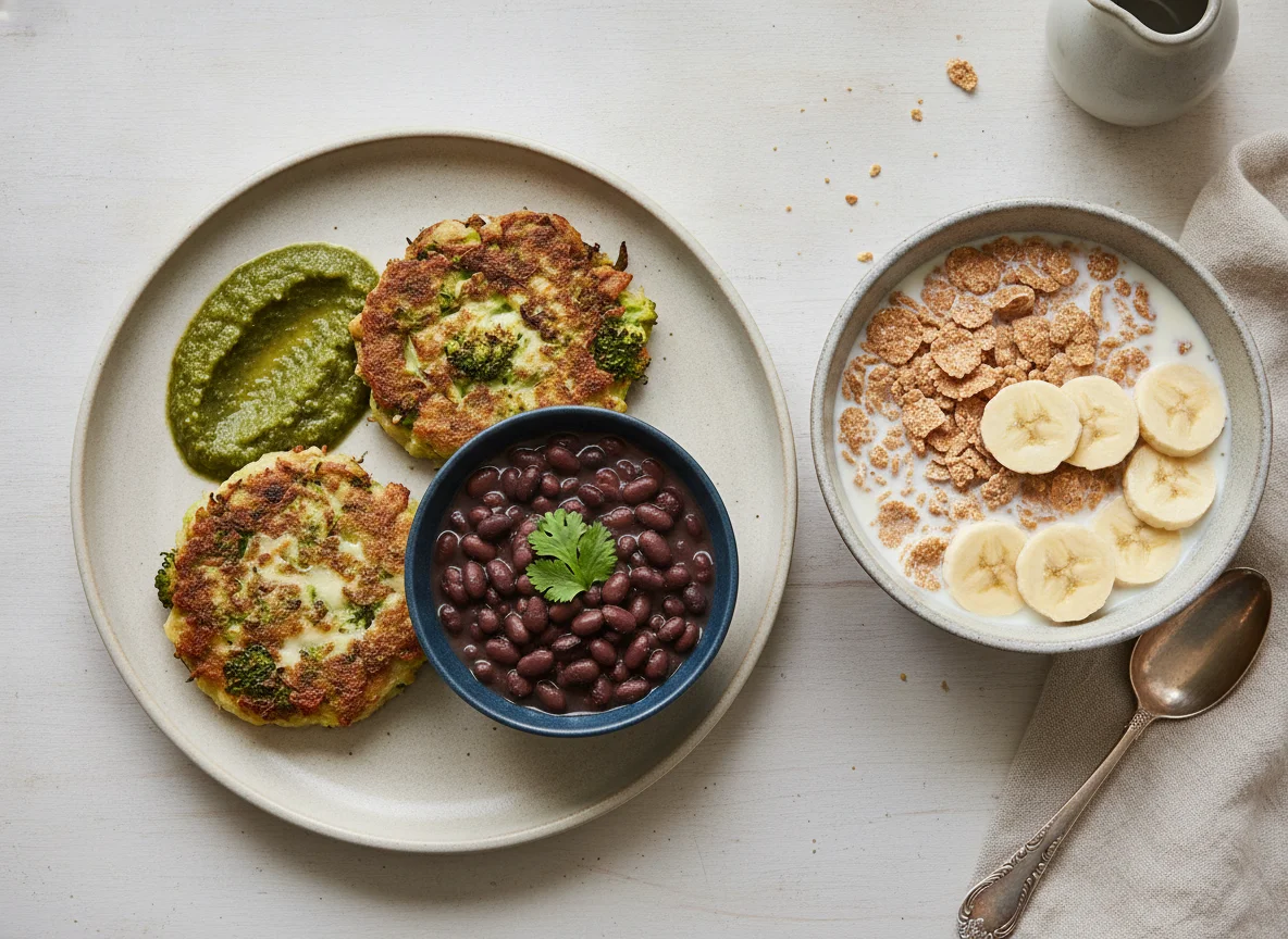 Tortitas de brócoli con frijoles y cereal con plátano photo