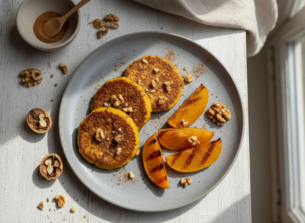 Tortitas de calabaza con nueces y caqui a la plancha photo