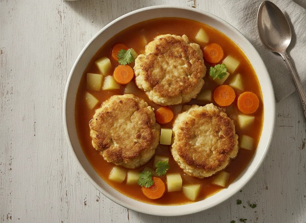 Tortitas de coliflor en caldillo con verduras photo