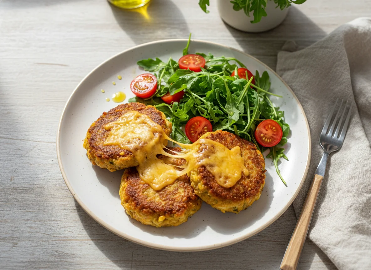 Tortitas de legumbres con queso y ensalada de rúcula y tomate photo