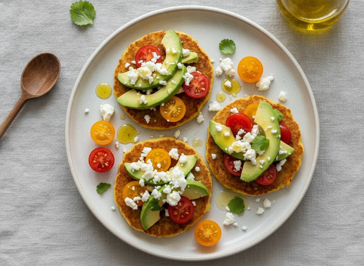 Tortitas de maíz con aguacate, tomate y queso feta photo