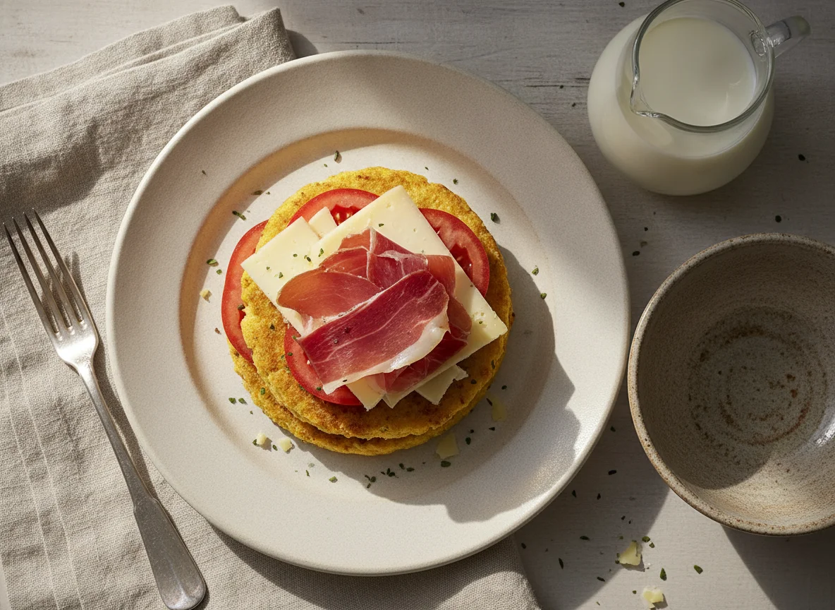Tortitas de maíz con jamón serrano, queso y leche photo