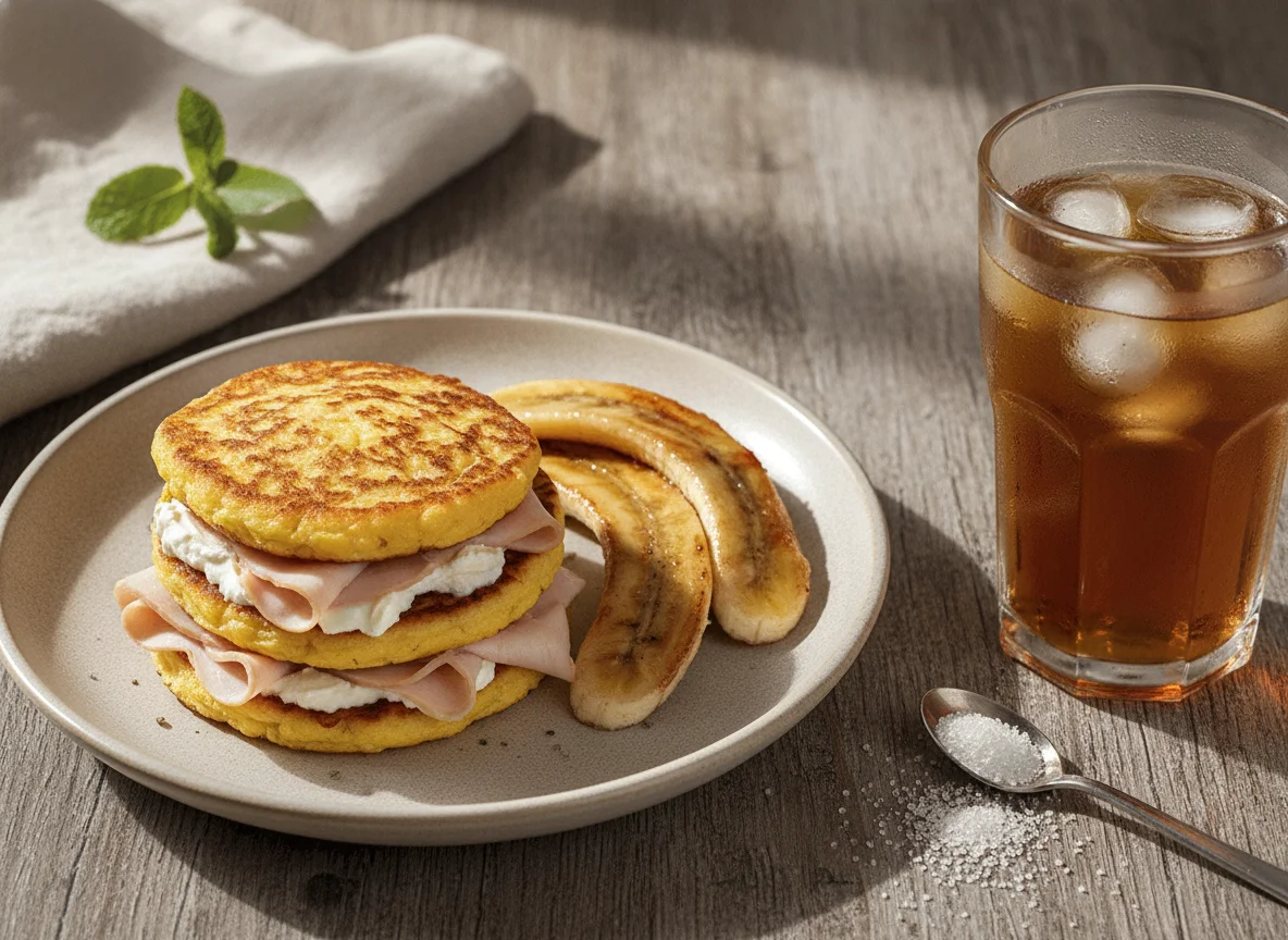Tortitas de maíz con pavo, queso crema y plátano photo