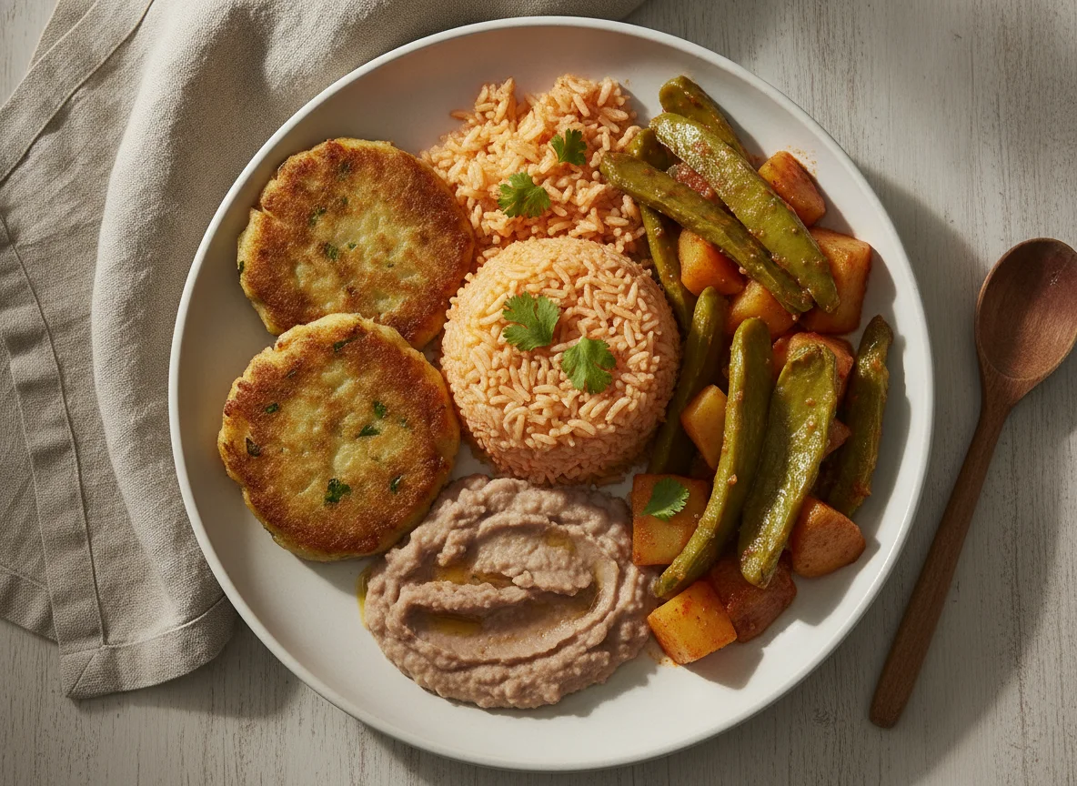 Tortitas de papa con arroz, frijoles y nopales photo