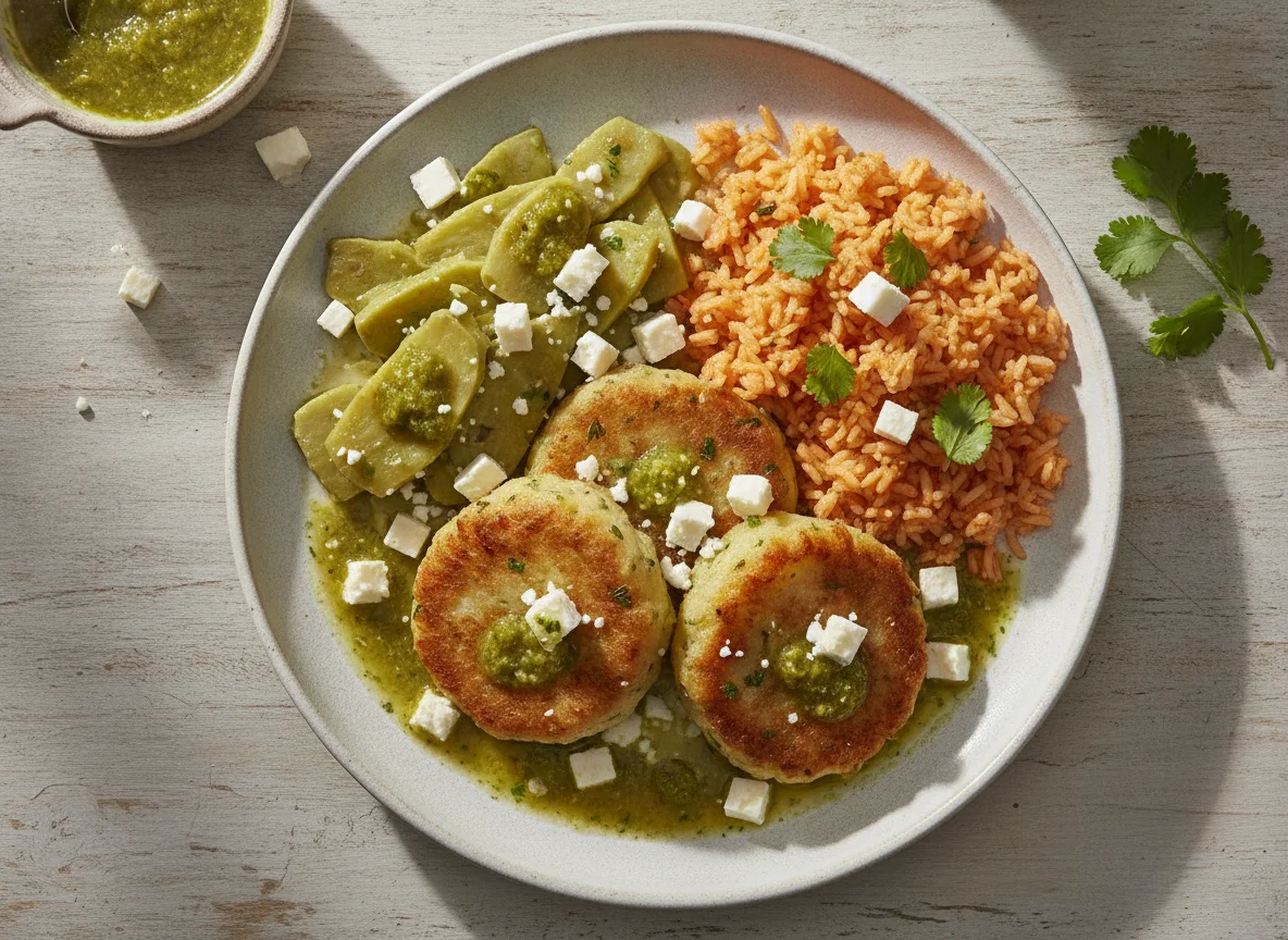 Tortitas de papa con arroz, nopales y queso photo