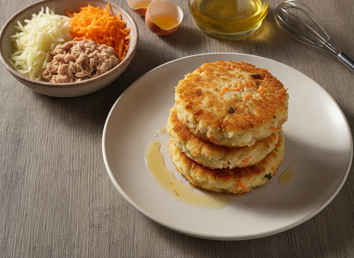 Tortitas de papa con zanahoria y atún photo