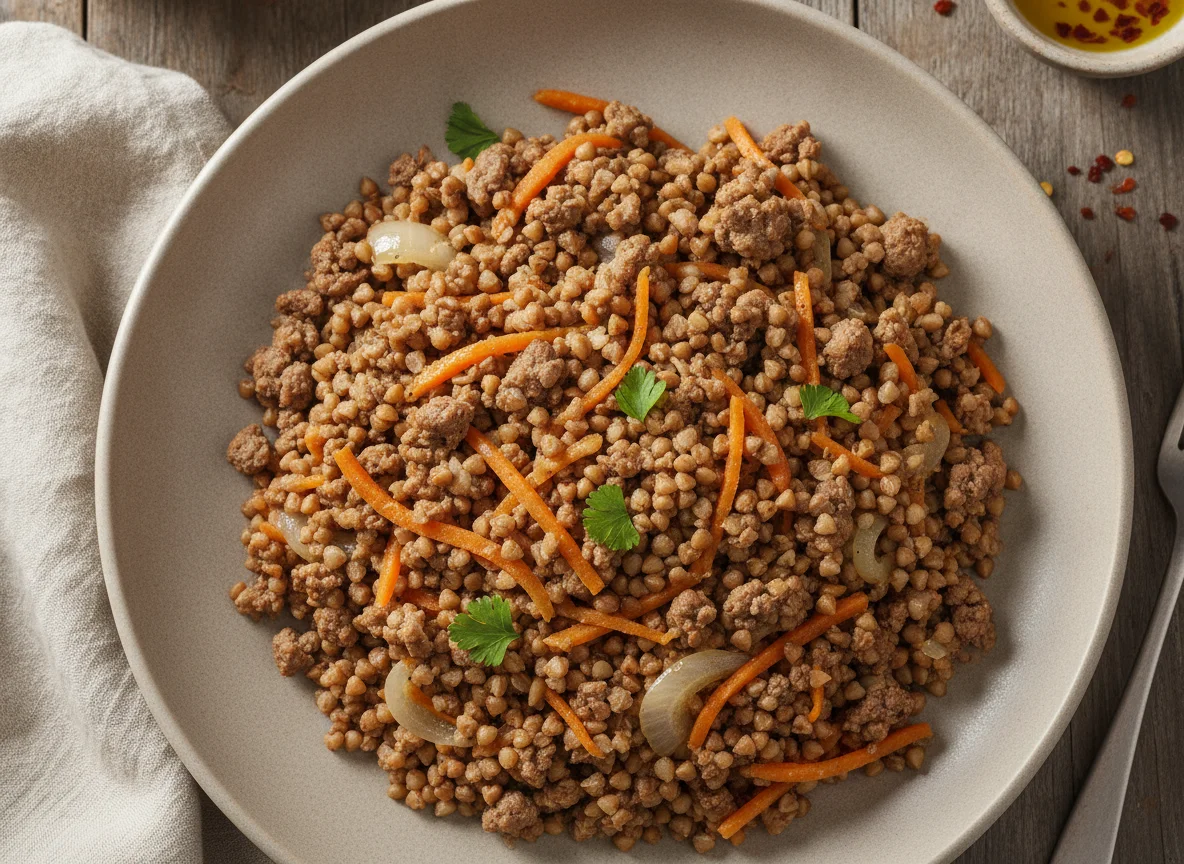 Trigo sarraceno con carne y zanahoria photo