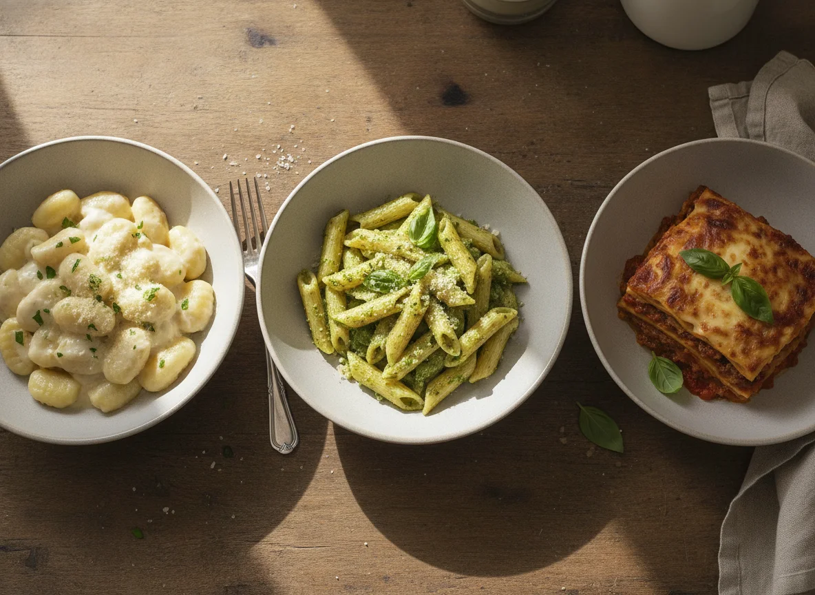 Trilogía de pastas: Gnocchi, Penne al Pesto y Lasagna photo