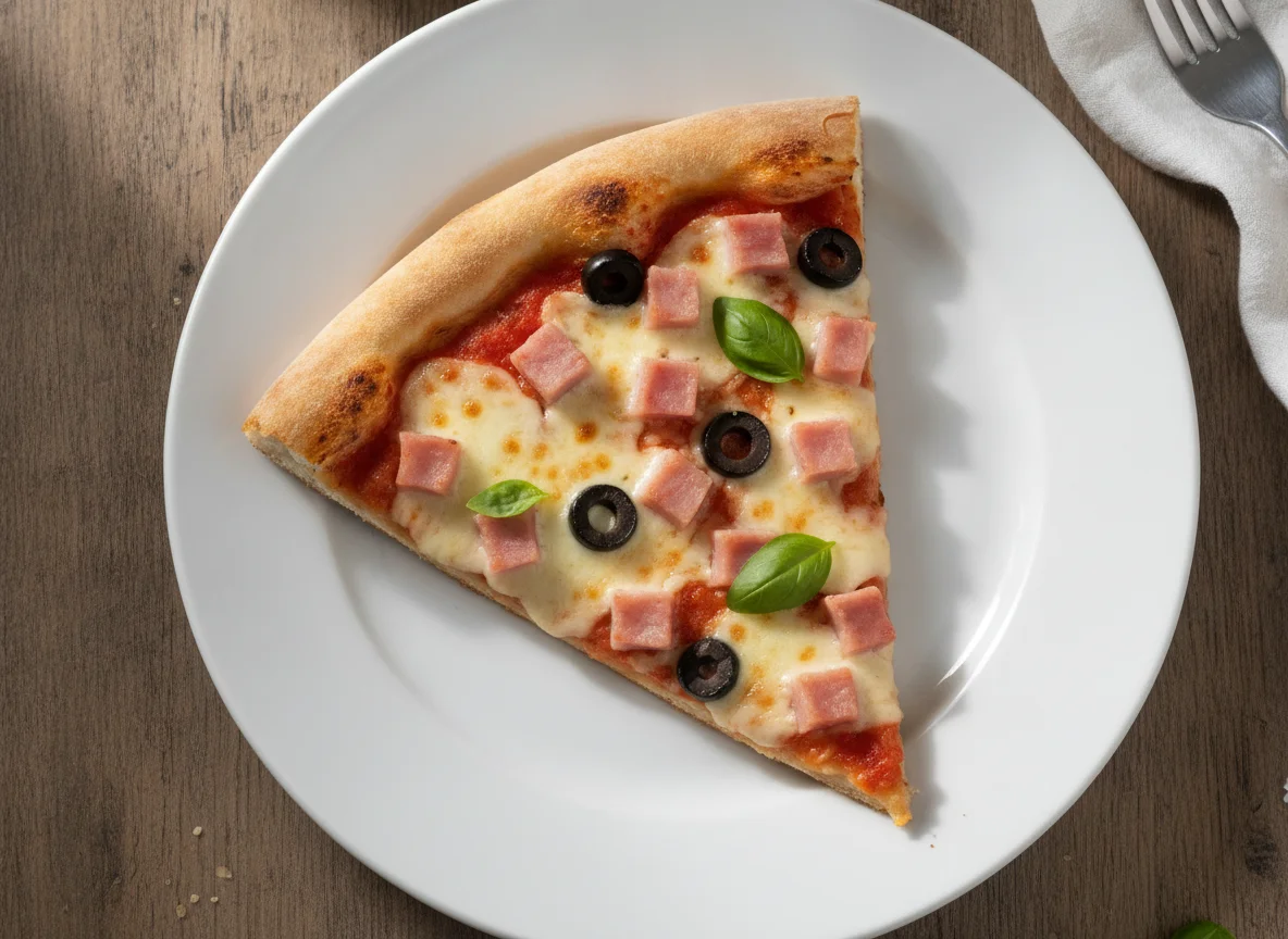 Trozo de pizza con jamón y aceituna photo
