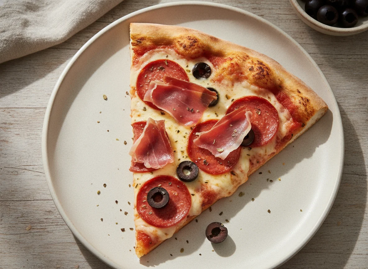 Trozo de pizza con jamón y pepperoni photo