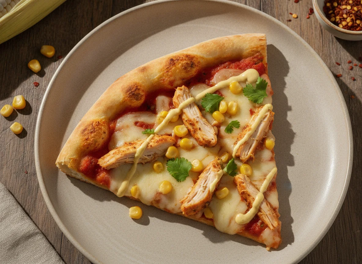 Trozo de pizza con pollo y choclo photo