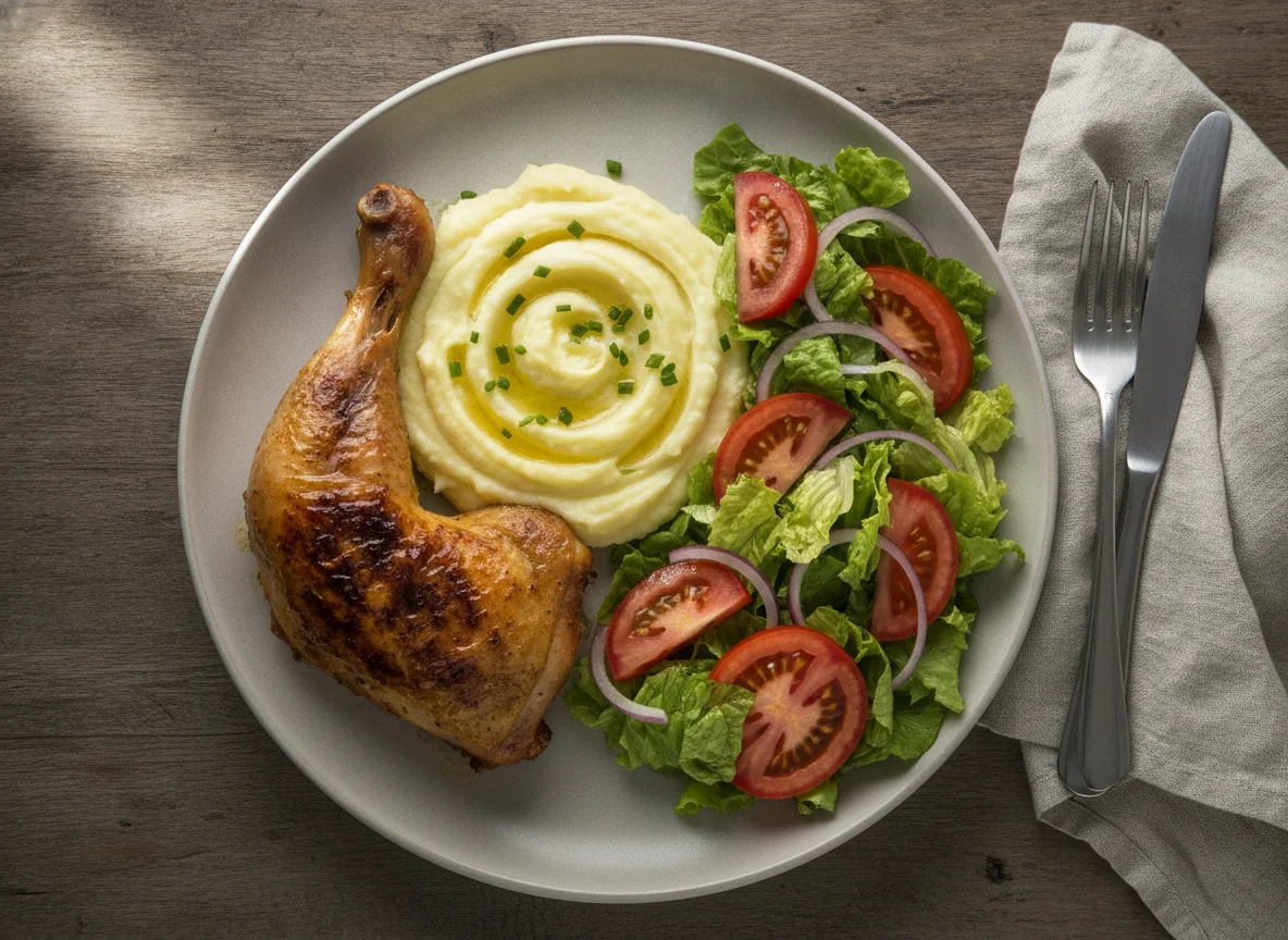 Tuto de pollo con puré de papas y ensalada photo