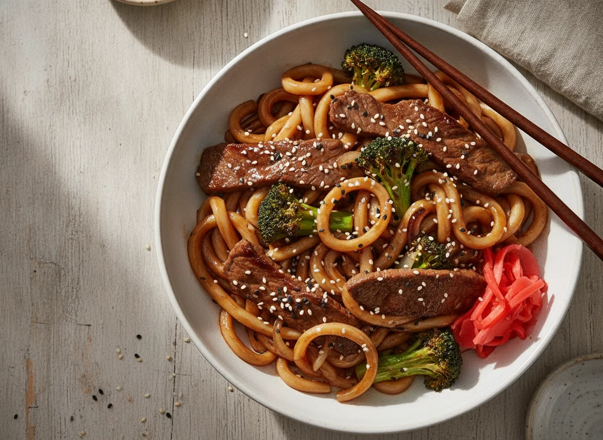Udon con carne y brócoli photo