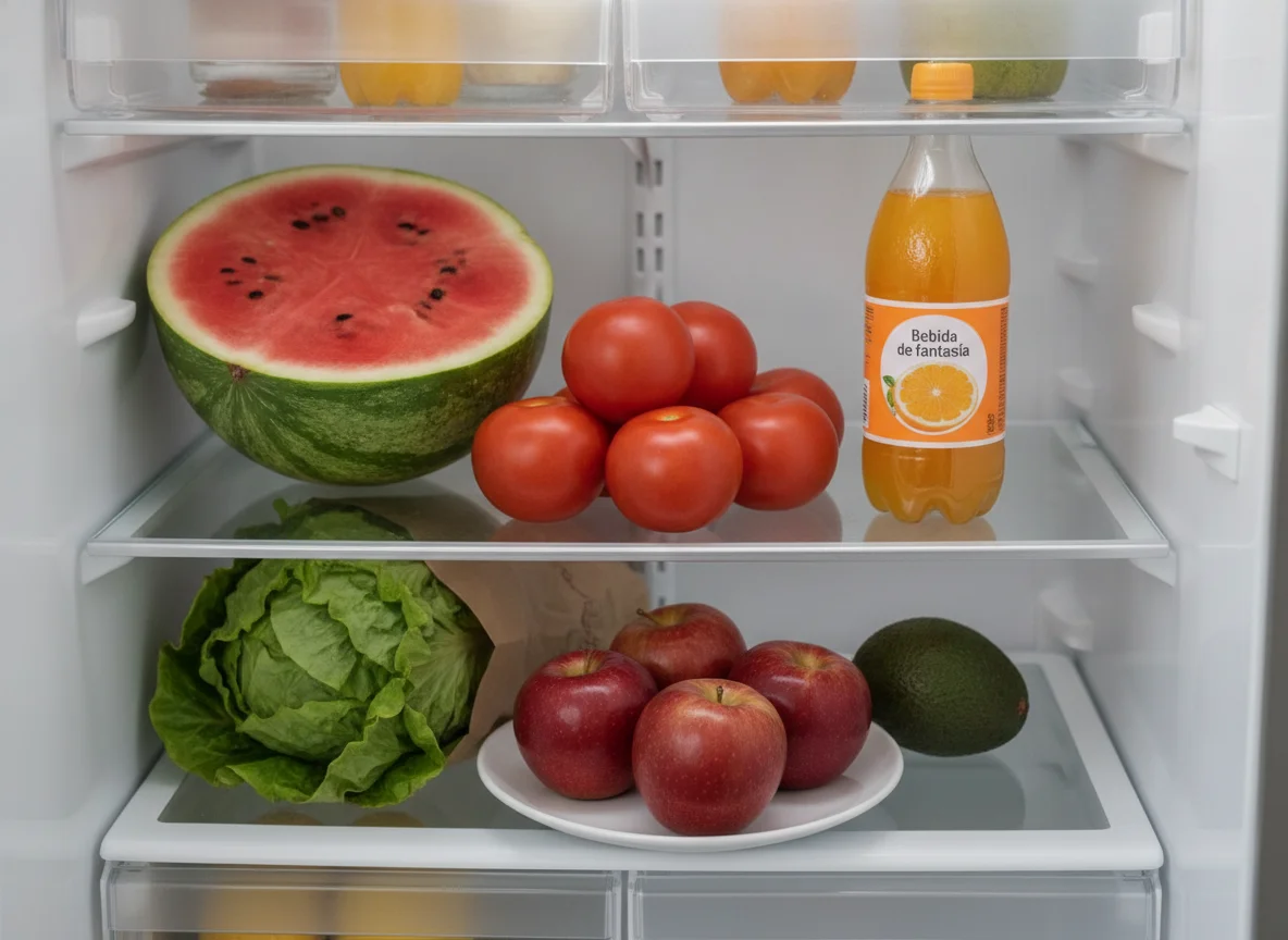 Variedad de frutas y verduras en el refrigerador photo