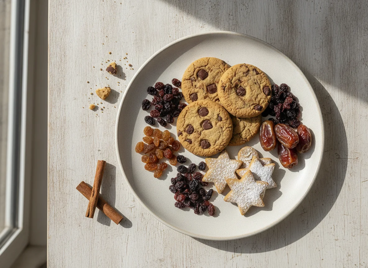 Variedad de galletas y fruta seca photo