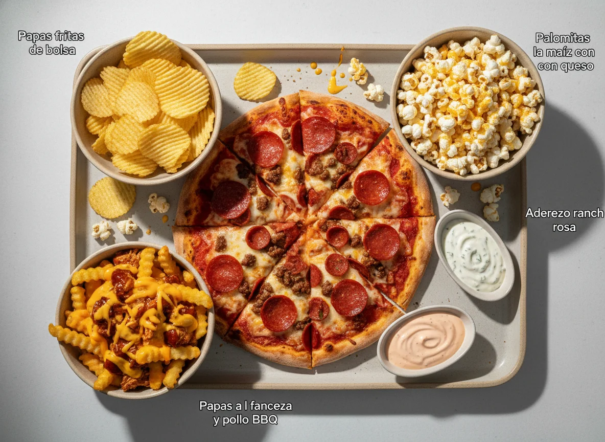 Variedad de snacks y pizza photo