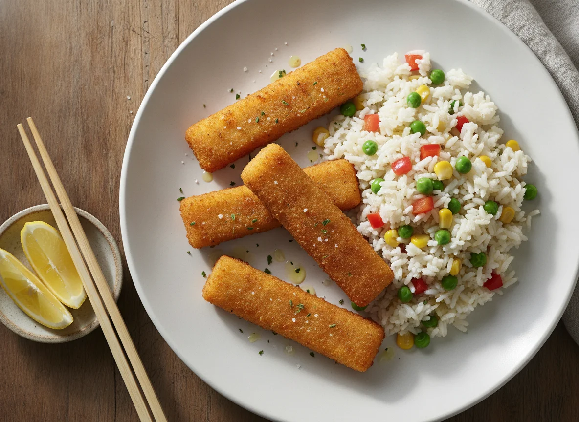 Varitas de pescado con arroz tres delicias photo