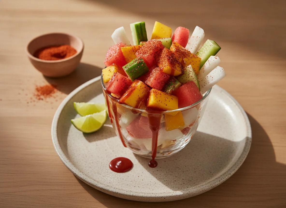 Vaso de fruta con chile y chamoy photo