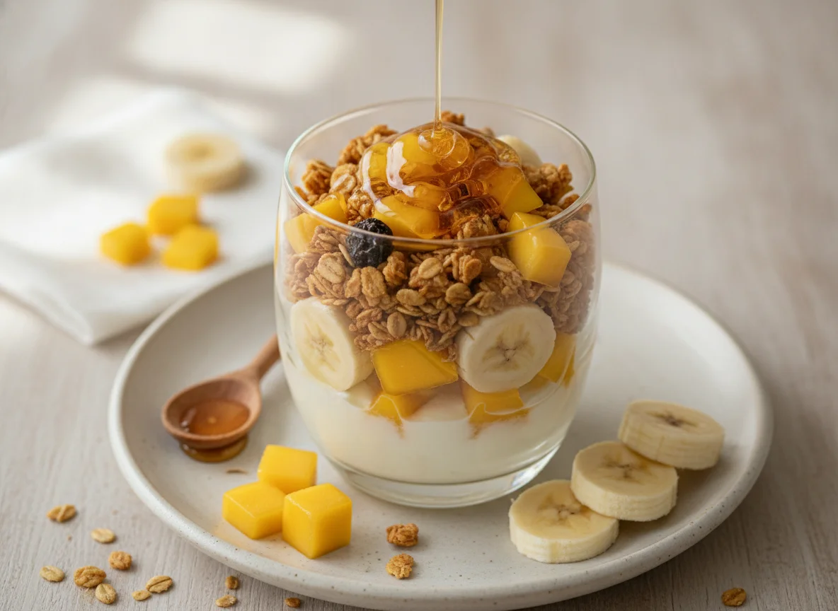 Vaso de fruta con granola y miel photo