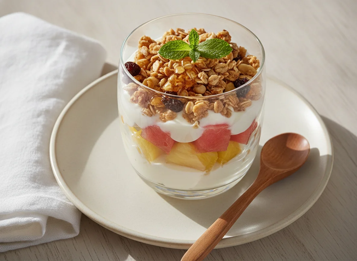 Vaso de fruta con yogurt y granola photo