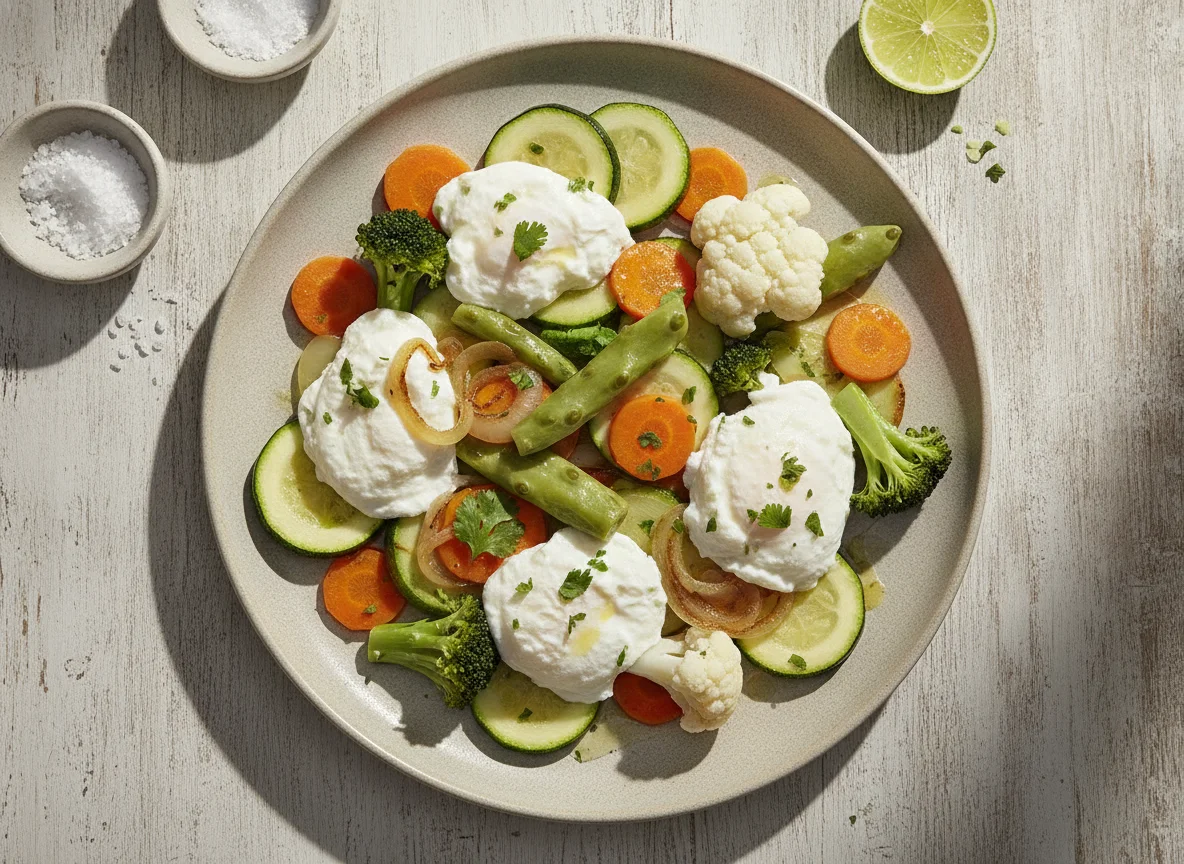Verduras al vapor con claras de huevo photo
