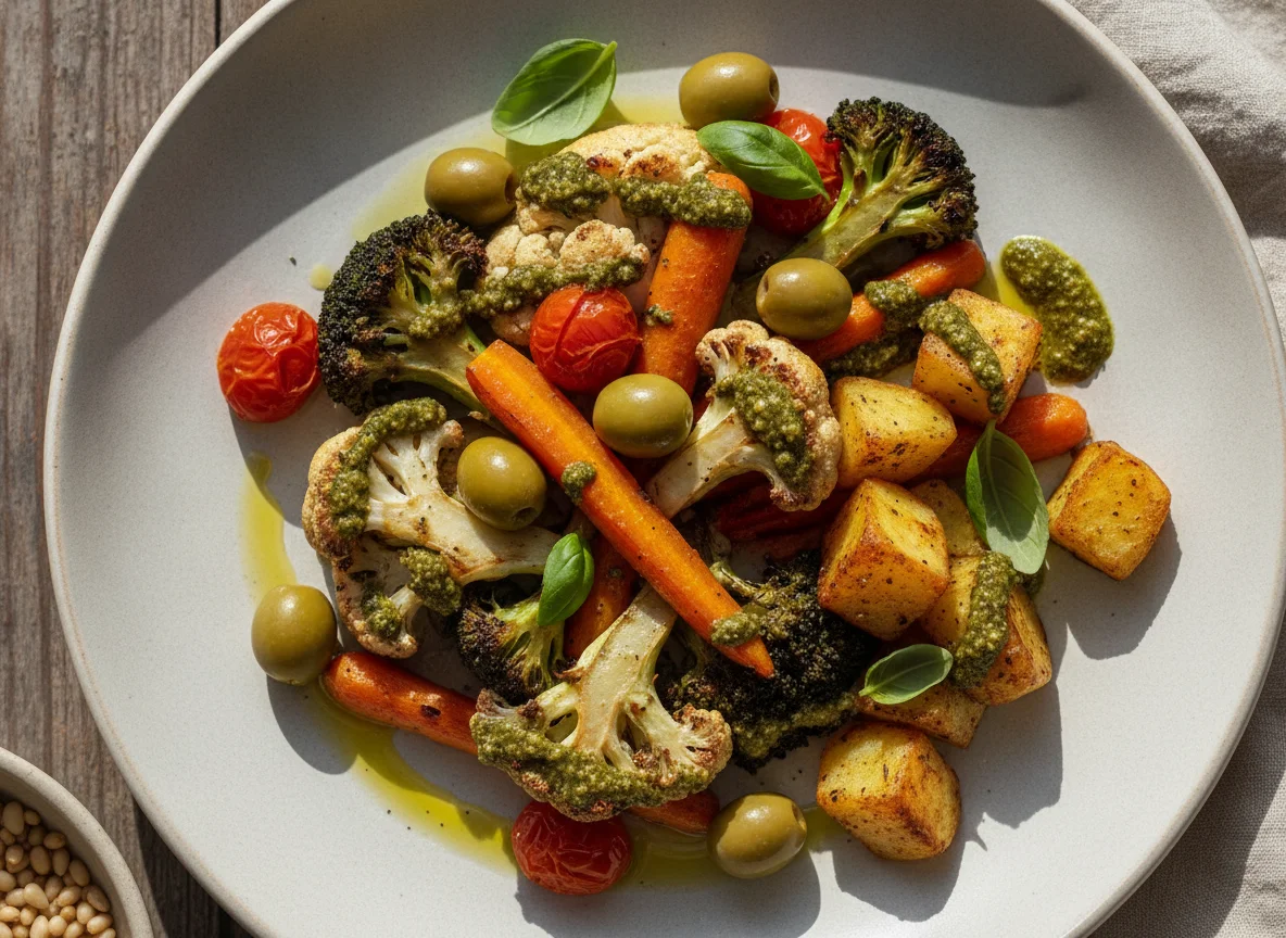 Verduras asadas con aceitunas y pesto photo