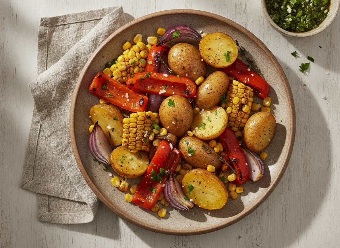 Verduras asadas con patatas y maíz photo