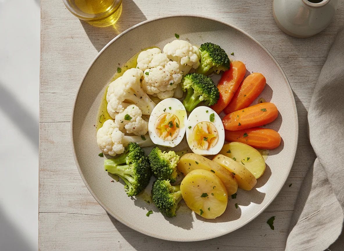 Verduras hervidas con huevos cocidos photo