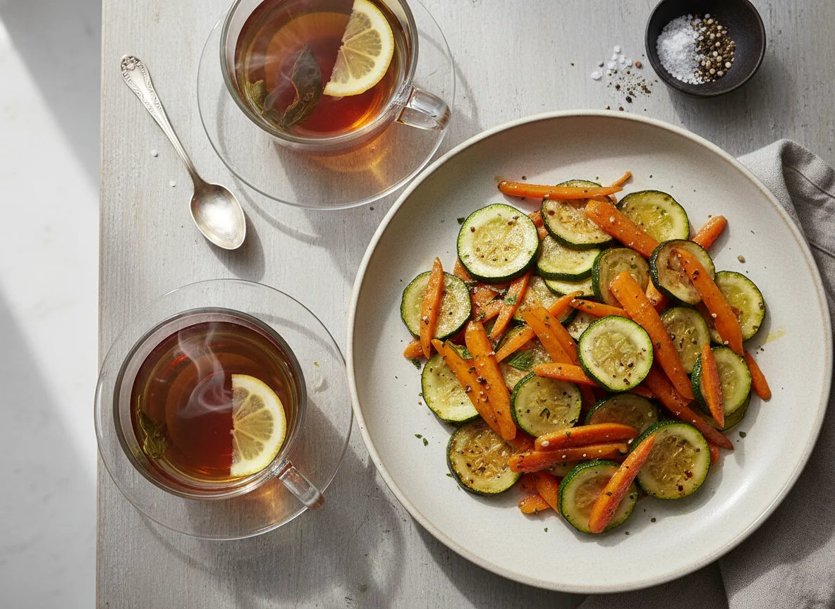 Verduras mixtas salteadas y té photo