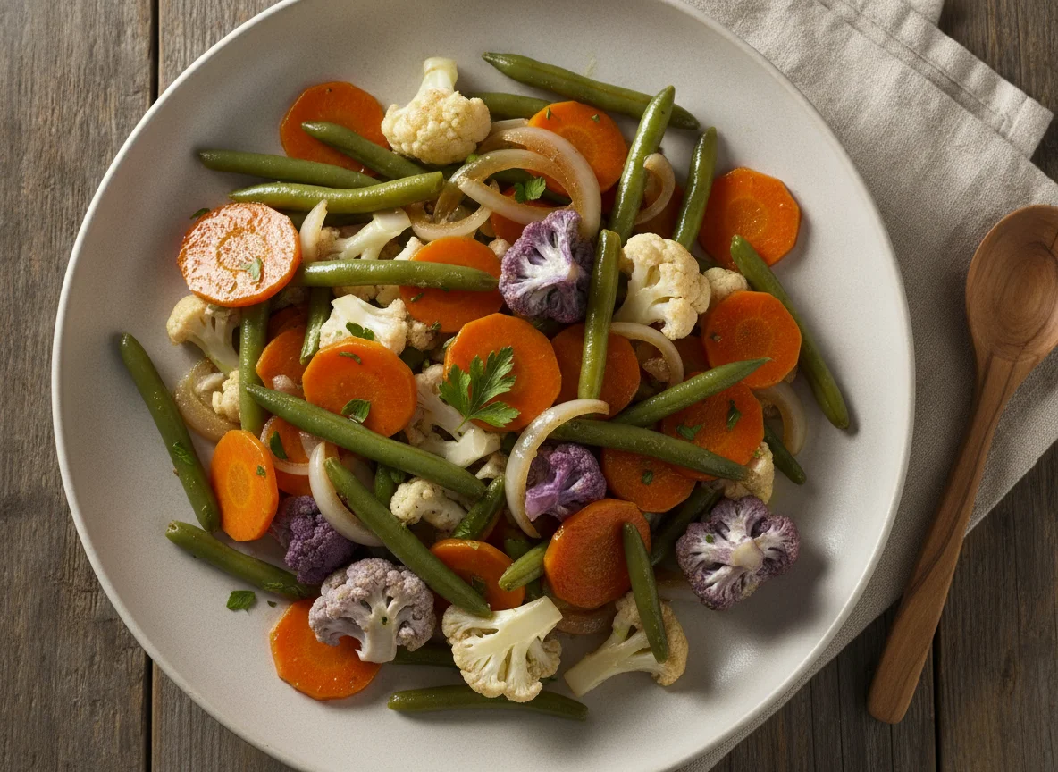 Verduras salteadas con zanahorias, judías verdes y coliflor photo