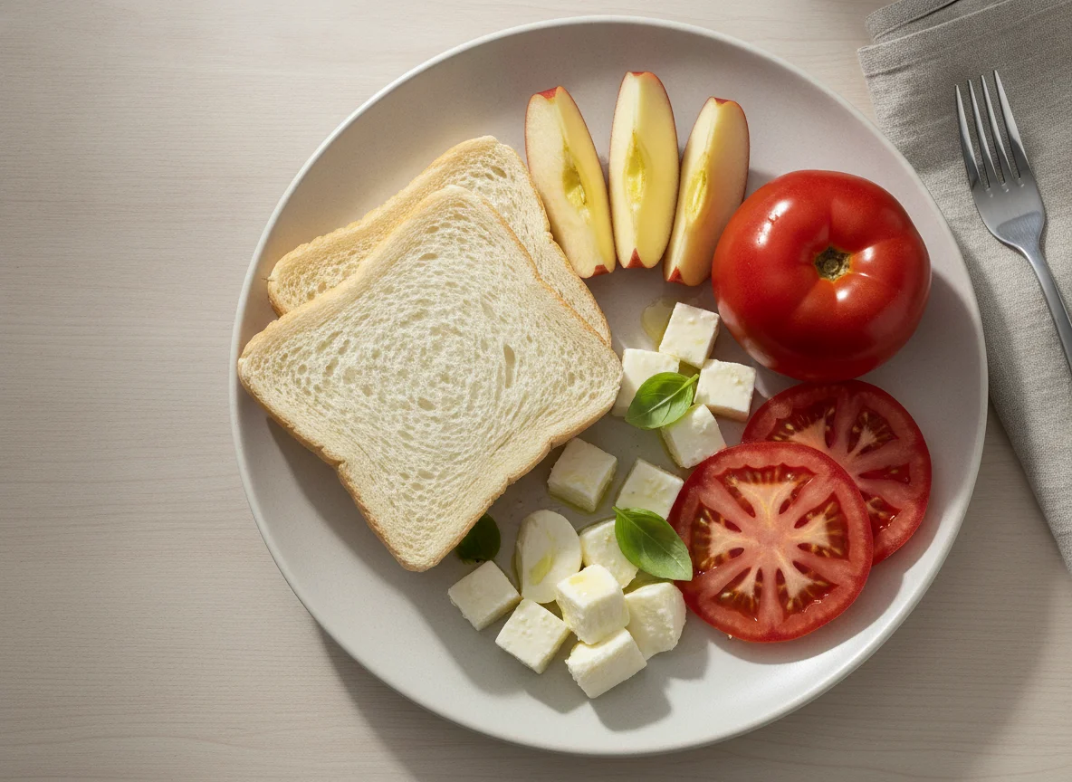 Vianda saludable con pan, manzana, tomate y queso photo