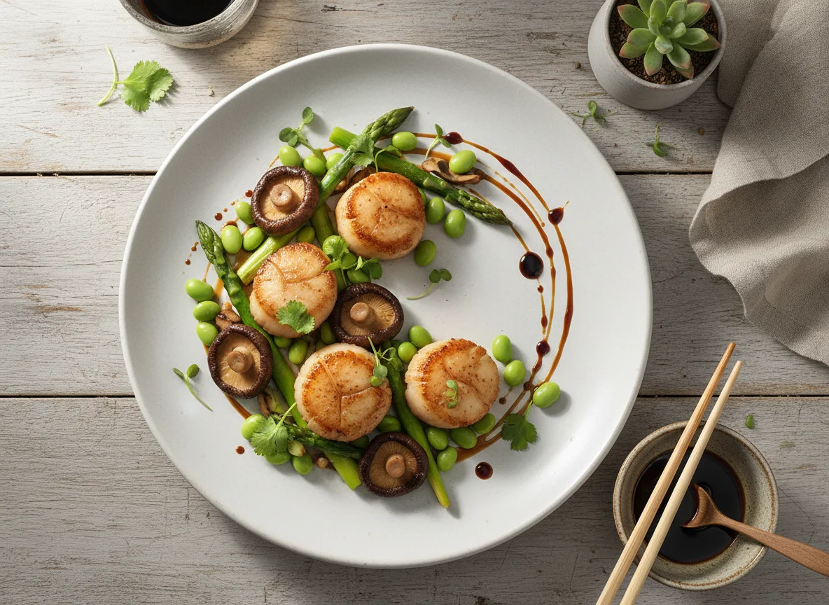 Vieiras con setas y edamame photo